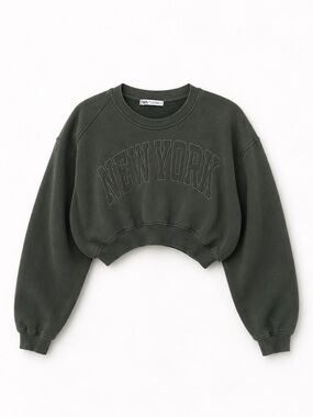 Zara Olive Green Cropped Crew Neck Sweatshirt